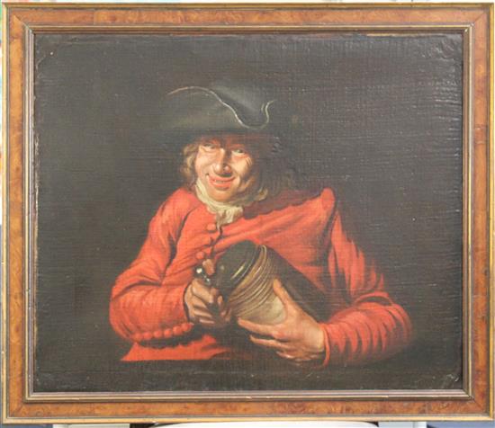 Attributed to Heroman van der Mijn (1684-1741) Portrait of a gentleman wearing a tri-corn hat, holding a stein, 20.5 x 25in.